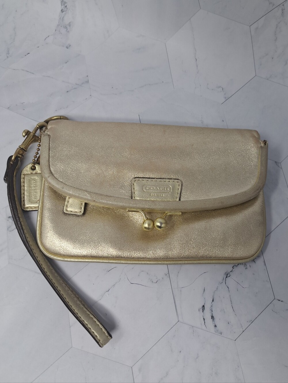 Coach Legacy 65th Anniversary Gold Metallic Leather Kiss Lock Wristlet